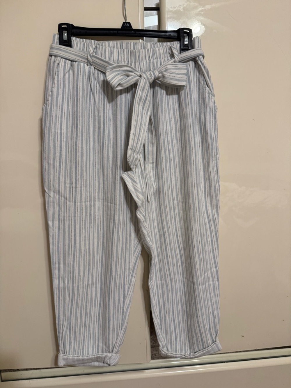 Striped Tie-Waist Linen-Blend Pants in Light Blue